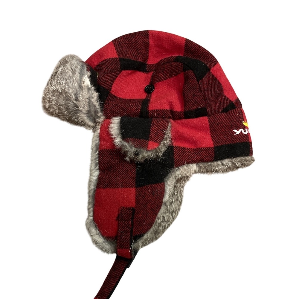 Yukon Tracks  Red  Buffalo Check Trapper Hat W/ Real Rabbit‎ Fur Size Medium